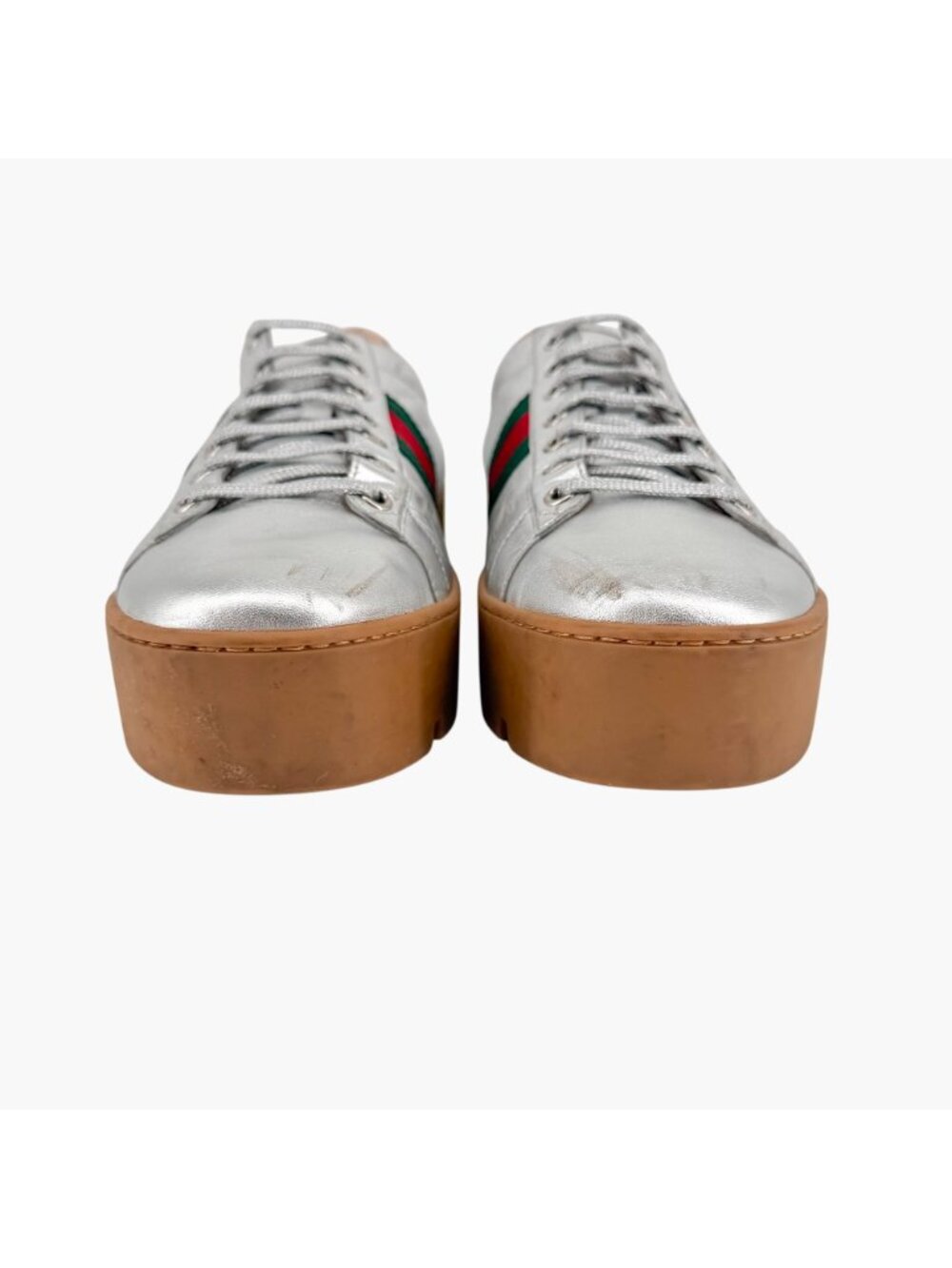 Gucci Ace Bee Silver Leather Platform Low Top Sneakers Shoes Size 41 US 11 Women - Picture 5 of 15